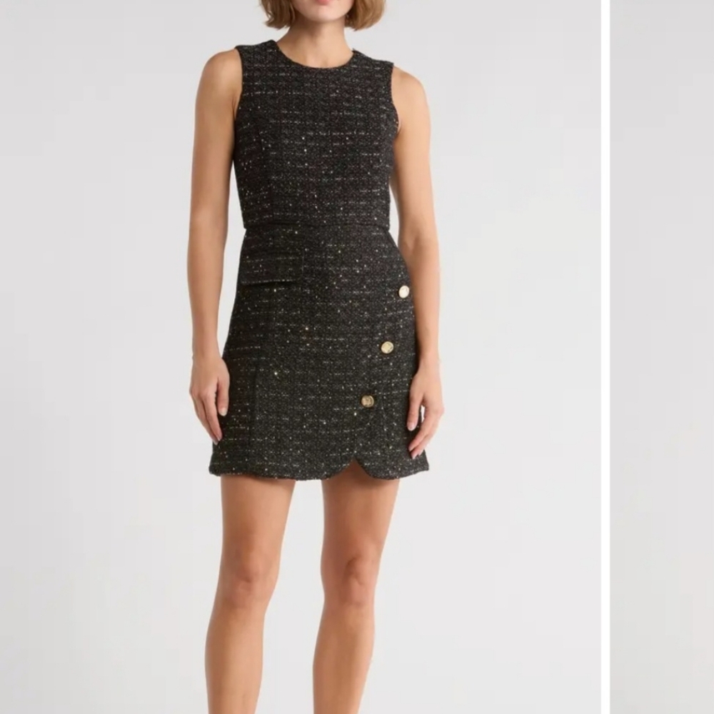 BCBG Black Tweed Mini Dress with Gold Accents